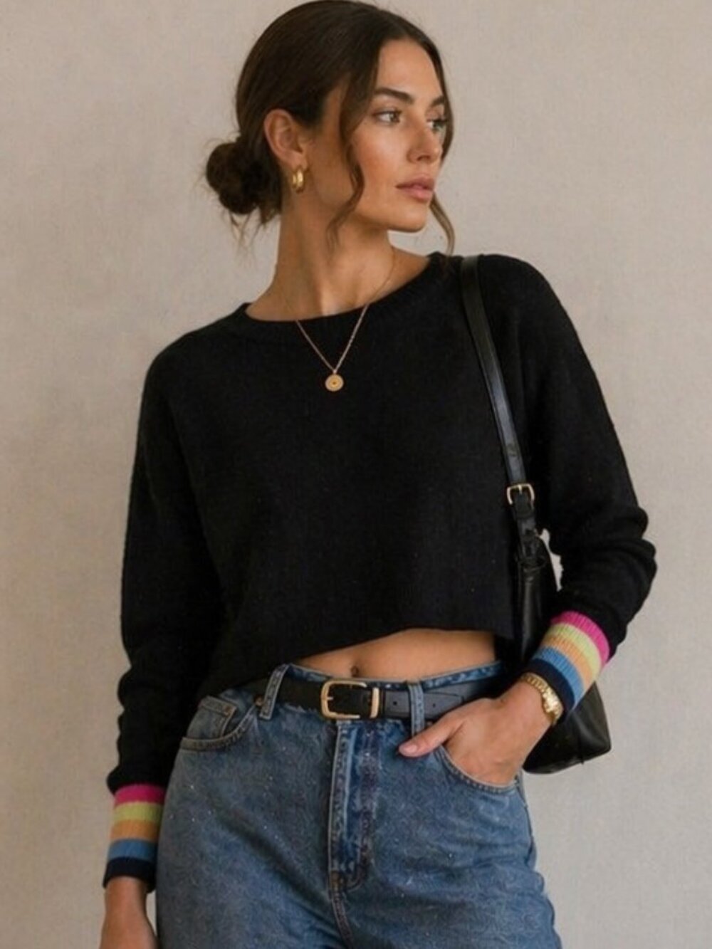 Michael Lauren 100% Cashmere Cropped Sweater Black Rainbow Sleeve M Made Italy